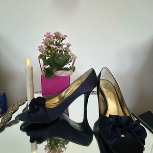 Nina Navy Ruffle Peep-Toe Heels